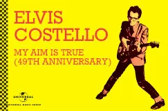 ELVIS COSTELLO, MY AIM IS TRUE (49TH ANNIVERSARY). Illustration eines Mannes mit Gitarre auf gelbem Hintergrund.