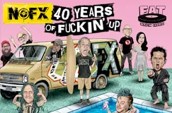 "NOFX", "40 Years of Fuckin' Up". Cartoonstil mit Menschen, Van, Pool und pinkem Hintergrund.