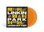 "LINKIN PARK UNSHATTER" in großen weißen Buchstaben. Gelbes und schwarzes Cover, neun Porträts. Orangefarbene Schallplatte.