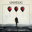 "UNHEILIG" und "LIEBE GLAUBE MONSTER". Illustration: Person mit Ballons, Herz, Kreuz und Maske.