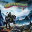 „MOLLY HATCHET“ steht in bunten Buchstaben oben, „Lost Horizon“ unten. Ein Krieger auf einem Pferd in einer Landschaft mit Totenköpfen.