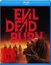 „EVIL DEAD BURN“, FSK 18, vorläufiges Cover. Frau mit verzerrtem Gesichtsausdruck, im Hintergrund Gruppen von Menschen und Flammen.