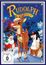 "RUDOLPH mit der roten Nase" oben. Illustration: Rudolph mit roter Nase, Santa, ein Eisfigur und Tiere im Schnee.