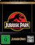 "4K ULTRA HD + BLU-RAY", "LIMITED EDITION STEELBOOK", "JURASSIC PARK", FSK 12-Symbol, Dinosaurier-Logo in Rot und Schwarz.