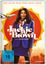 "Jackie Brown" steht im Zentrum, darüber Darstellernamen. Frau in blauer Uniform, hält Tasche und Pistole, Flugzeug im Hintergrund.