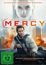 „90 MINUTEN UM DEINE UNSCHULD ZU BEWEISEN“; „MERCY“; „FSK 12“; Explosion-Szene, Person mit Waffe, angespanntes Gesicht.