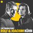 "The Turning Point Rolf & Joachim Kühn" in Weiß und Gelb. Zwei Männer in einem klassischen Schwarz-Weiß-Stil vor gelbem Kreis.