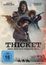 Filmplakat mit den Namen "Peter Dinklage," "Juliette Lewis." Titel: "The Thicket: Jagd auf Cut Throat Bill." FSK 16.