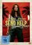 Oben stehen Namen und darunter „SEND HELP“ in Gelb. Eine Frau hält eine Fackel vor einem roten Hintergrund mit Palmen.