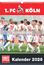"1. FC KÖLN" und "Kalender 2026" oben, Jubelnde Fußballspieler in weißen Trikots darunter, "Vorjahresabbildung" groß.