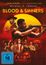 Titel: "Blood & Sinners". Oben Namen von Regisseur und Hauptdarsteller. Gelber Kreis im roten Hintergrund mit bewaffnetem Mann.