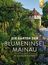 "Die Gärten der Blumeninsel Mainau" in weißem Text. Üppige Gärten mit bunten Blumen und einem runden Turm im Hintergrund.