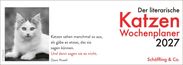 Der literarische Katzen Wochenplaner 2027. Katzenspruch von Dawn Powell. Schwarz-weißes Katzenfoto.