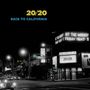 Text „20/20 BACK TO CALIFORNIA“. Nachtaufnahme einer Straßenszene mit Leuchtreklame und Autos., LP