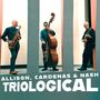ALLISON, CARDENAS & NASH TRIOLOGICAL. Drei Männer spielen Saxofon, Kontrabass und Gitarre vor einem stilisierten Hintergrund., CD
