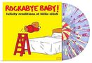 "ROCKABYE BABY! Lullaby renditions of Billie Eilish." Illustration: Teddybär springt mit rotem Anzug von Leiter auf Bett., LP