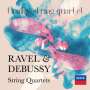 "Tin Alley String Quartet. Ravel & Debussy. String Quartets. Abstrakte rosa und blaue Formen mit Decca-Logo unten."