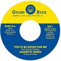 Gelber und blauer Plattenaufkleber mit den Titeln "YOU'D BE GOOD FOR ME", "JEANETTE JONES". Golden State Logo oben., Single 7"