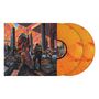 Illustration: Astronaut und futuristische Kreatur auf einem fremdartigen Planeten, orange-gelbe Vinyl-Schallplatten daneben., 2 LPs