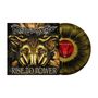 "Rise to Power" in goldener Schrift unten. Dämonische Ziegenköpfe, rot-schwarzes Vinyl-Design mit goldenen Akzenten., LP