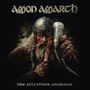 "Amon Amarth," "The Allfather Awakens." Ein Wikinger mit Helm, blutigem Gesicht, Dolch und Trinkhorn. Dramatische Darstellung., 2 CDs