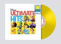 "ULTIMATE HITS" in großen Buchstaben, umgeben von Disney-Figuren in gelben Quadraten. Eine gelbe Schallplatte rechts.