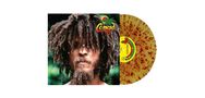 Text: "Congo". Ein Mann mit Dreadlocks, Tropfen an den Haaren. Schallplatte in Gelb mit roten Spritzern. Tropisches Motiv., LP