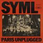 Text "SYML PARIS UNPLUGGED". Live-Konzertszene mit Musikern auf einer Bühne, umgeben von Publikum und Beleuchtung., CD