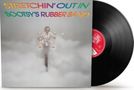 "STRETCHIN' OUT IN BOOTSY'S RUBBER BAND" in bunten Buchstaben. Ein Mann fährt auf einem Motorrad durch Nebel., LP