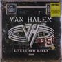 Text: "VAN HALEN", "LIVE IN NEW HAVEN", "1986", "5150". Vintage Kofferdesign mit Logo, abgenutzter Look., 2 LPs