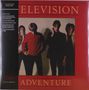 "TELEVISION ADVENTURE", zeigt vier Männer in dunkler Kleidung, einer trägt eine rote Jacke, auf rotem Hintergrund., LP