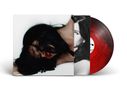 Frau mit dunklen Haaren und rotem Lippenstift auf Albumcover, Schallplatte in Rot und Schwarz., LP