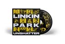 Text: "LINKIN PARK UNSHATTER"; CD-Cover mit gelben Quadraten, Bandfotos im Hintergrund, daneben eine CD., CD