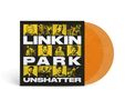 "LINKIN PARK UNSHATTER" in großen weißen Buchstaben. Gelbes und schwarzes Cover, neun Porträts. Orangefarbene Schallplatte.