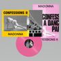 Texte: MADONNA, CONFESSIONS II. Farbige Plattenhüllen und eine pinke Vinyl-Schallplatte sind zu sehen., LP