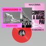 Text: „CONFESSIONS II MADONNA“. Eine rosa Schallplatte und drei Plattencover mit dynamischen Posen., LP