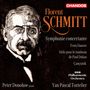 Text: "Florent Schmitt, Symphonie concertante, Trois Danses, Stèle pour le tombeau de Paul Dukas, Çançunik. Peter Donohoe piano, Yan Pascal Tortelier, BBC Philharmonic Orchestra." Illustration eines Mannes mit Brille., CD