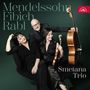 "Mendelssohn, Fibich, Rabl, Smetana Trio" in großen Buchstaben. Drei Musiker in Schwarz mit Instrumenten lächeln., CD