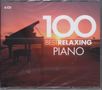 Text: "100 Best Relaxing Piano 6 CD". Ein Flügel steht bei Sonnenuntergang am Strand., 6 CDs