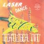 „LASER DANCE“, „TECHNOLOGICAL MIND“. Gelbes Raumschiff vor einer futuristischen Stadt in oranger Farbgebung.