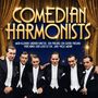 Schriftzug „COMEDIAN HARMONISTS“ in Gold, darunter Lieder-Titel. Sechs Männer in Frack vor blauem, golden dekoriertem Hintergrund., LP