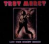 "TROY MERCY" oben, "LET THE NIGHT BEGIN" unten. Illustration: Person mit Gitarre in dynamischer Pose vor funkelndem Hintergrund.