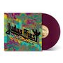 „Judas Priest“, „Live in Los Angeles ‘90“. Ein buntes Plattencover mit einer violetten Schallplatte., LP
