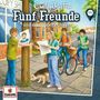 Text: "Fünf Freunde und der doppelte Onkel." Vier Kinder mit Fahrrädern und ein Hund stehen auf einem Gehweg. Ein Junge klebt ein "Missing"-Plakat an einen Pfosten. Europa-Logo unten links.