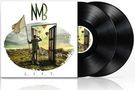 Text: "NMB L.I.F.T." Eine Person hält eine Fahne, steht vor offenen Türen in einer Landschaft mit Heißluftballons. Zwei Schallplatten., 2 LPs