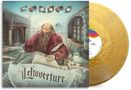 Text "Kansas" oben, "Leftoverture" unten. Illustration eines nachdenklichen Mannes in mittelalterlichem Raum. Goldene Schallplatte., LP