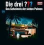 "Die drei ??? Das Geheimnis der sieben Palmen" in großer Schrift, darunter ein modernes Haus mit Palmen und einer geisterhaften Gestalt.