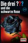 Text: "Die drei ??? und die schwarze Rose". Illustration: Schädel in Form einer schwarzen Rose auf rotem Hintergrund., MC