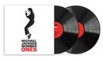 Text: "MICHAEL JACKSON NUMBER ONES". Zwei schwarze Vinyl-Schallplatten und ein Cover mit einem tanzenden Mann.