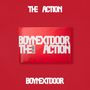 Text: THE ACTION, BOYNEXTDOOR. Rotes Buchcover mit weißen Buchstaben., 1 CD und 1 Buch